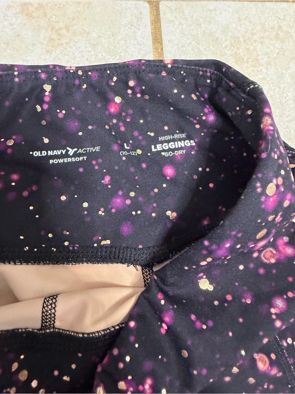 Old Navy Black Leggings with Purple & Gold Splatter Print